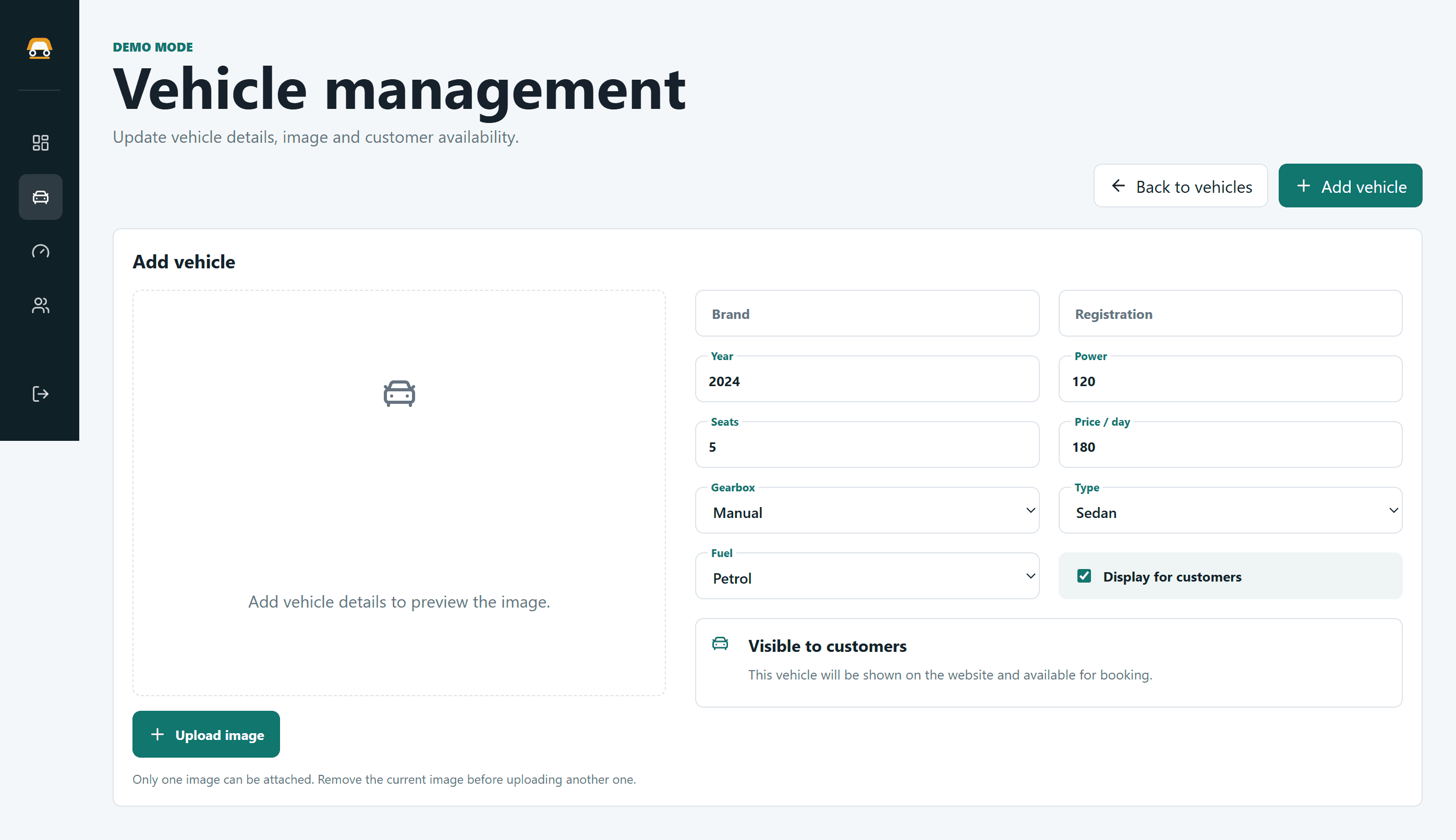 Car Rental Management Application add vehicle desktop mockup