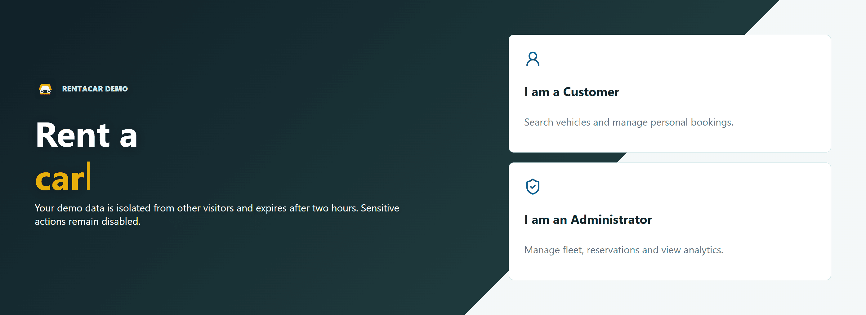 Car Rental Management Application role selection page desktop mockup