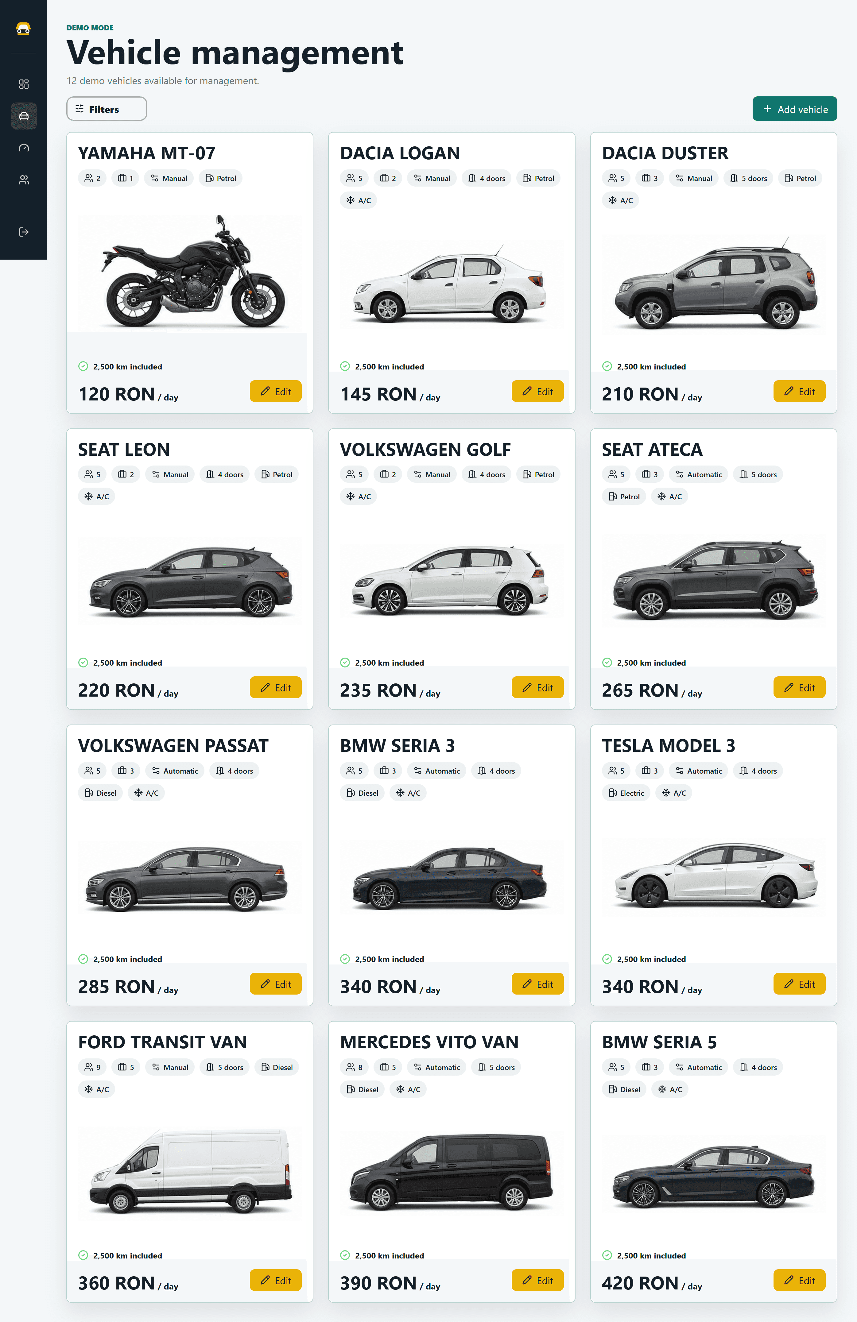 Car Rental Management Application vehicle management desktop mockup