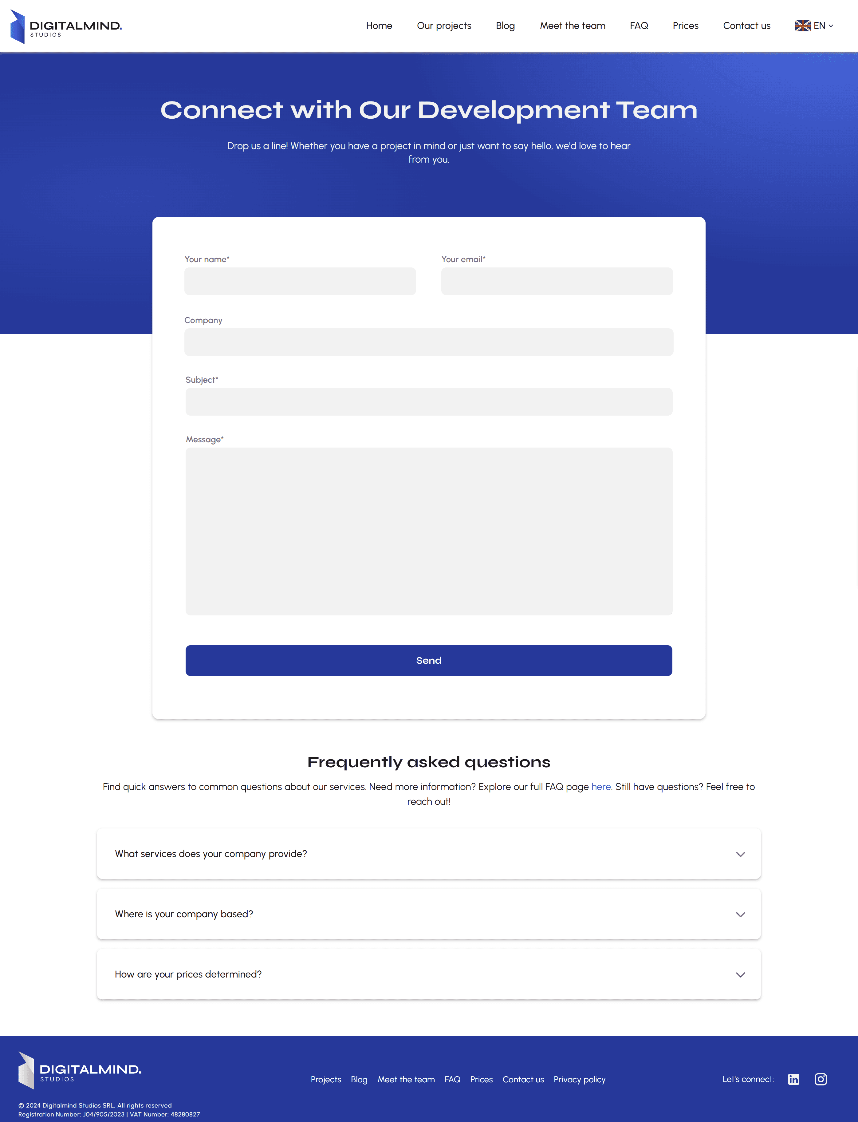 Digitalmind Studios contact page desktop mockup