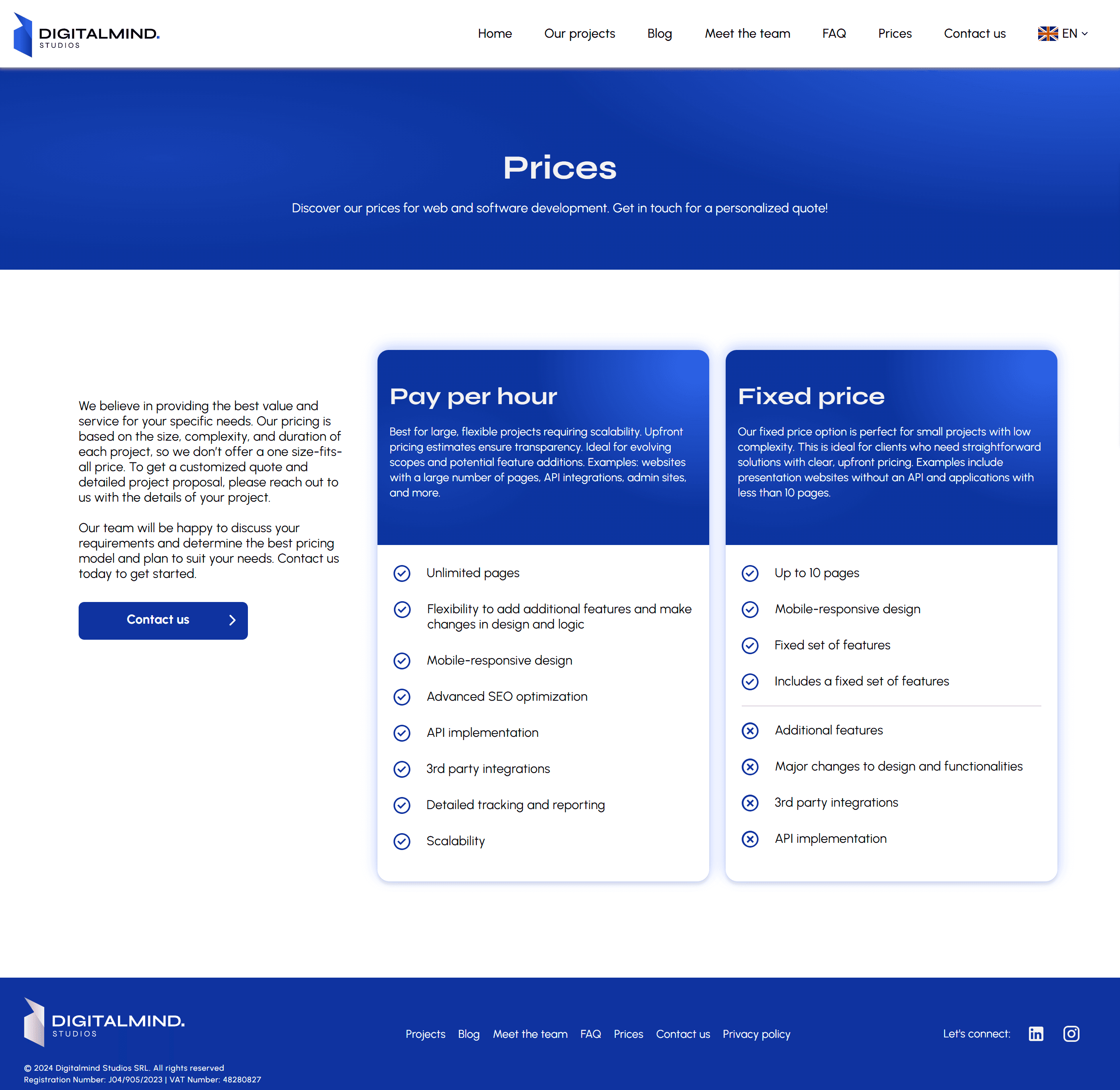 Digitalmind Studios prices page desktop mockup
