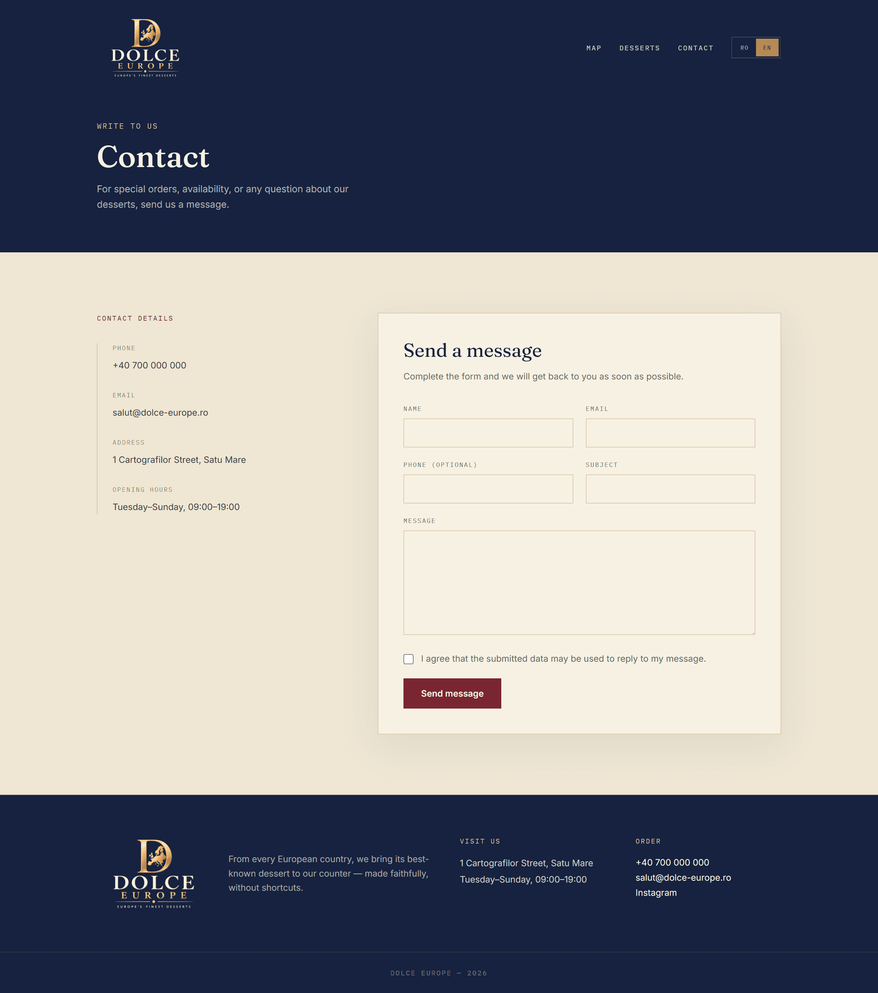 Dolce Europe contact page desktop mockup