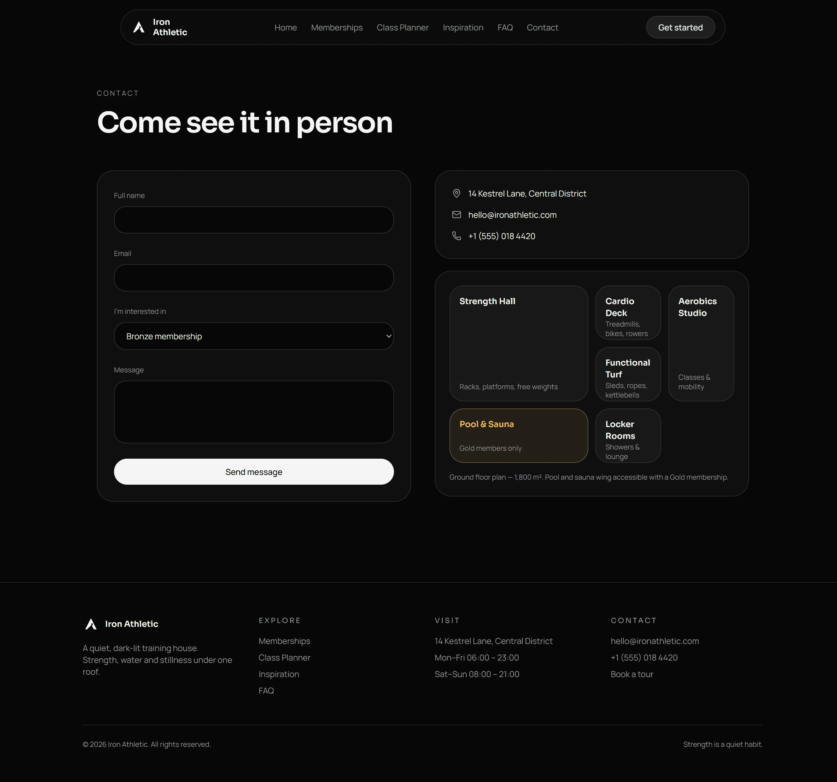 Iron Athletic contact page desktop mockup