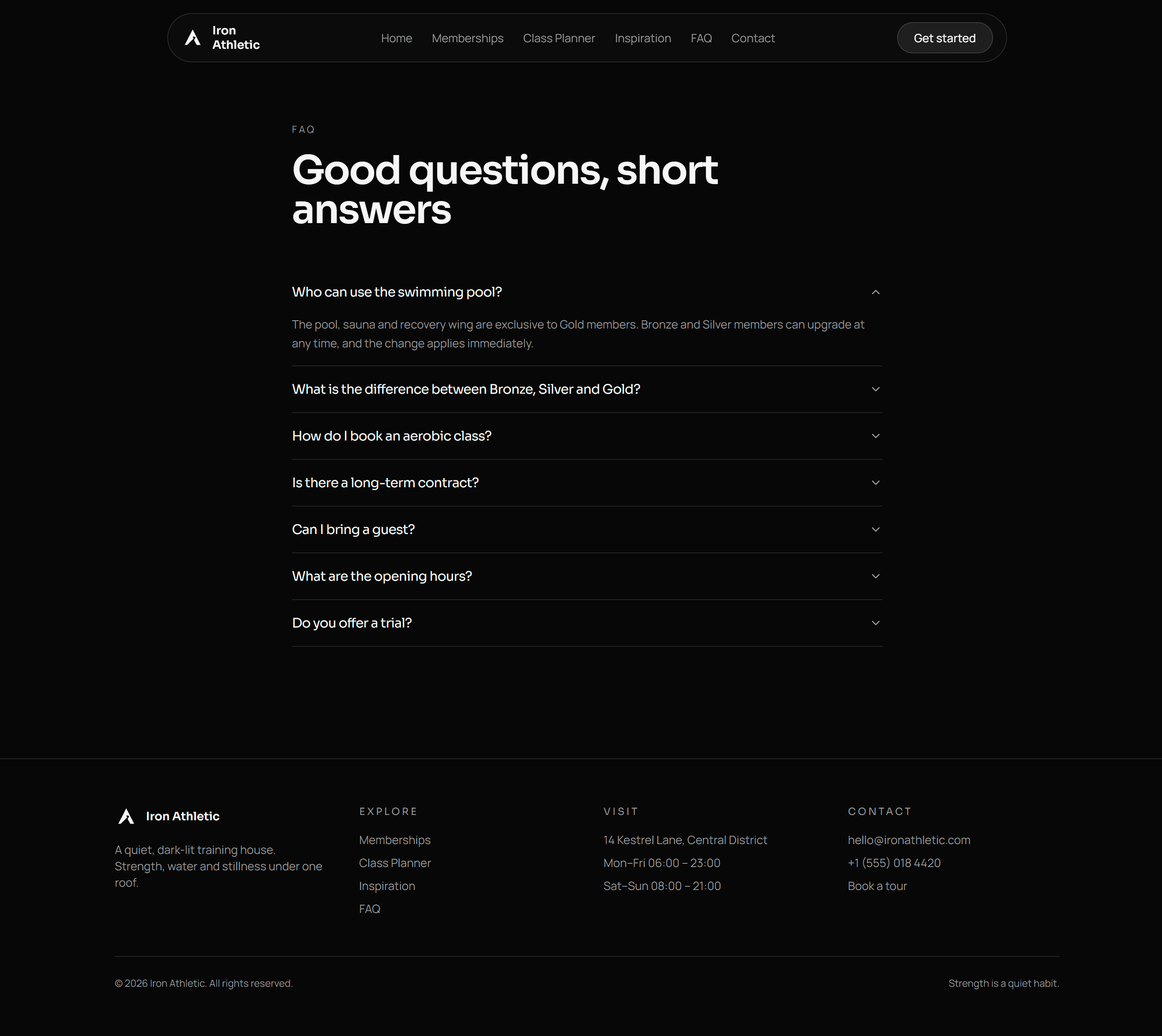 Iron Athletic FAQ page desktop mockup