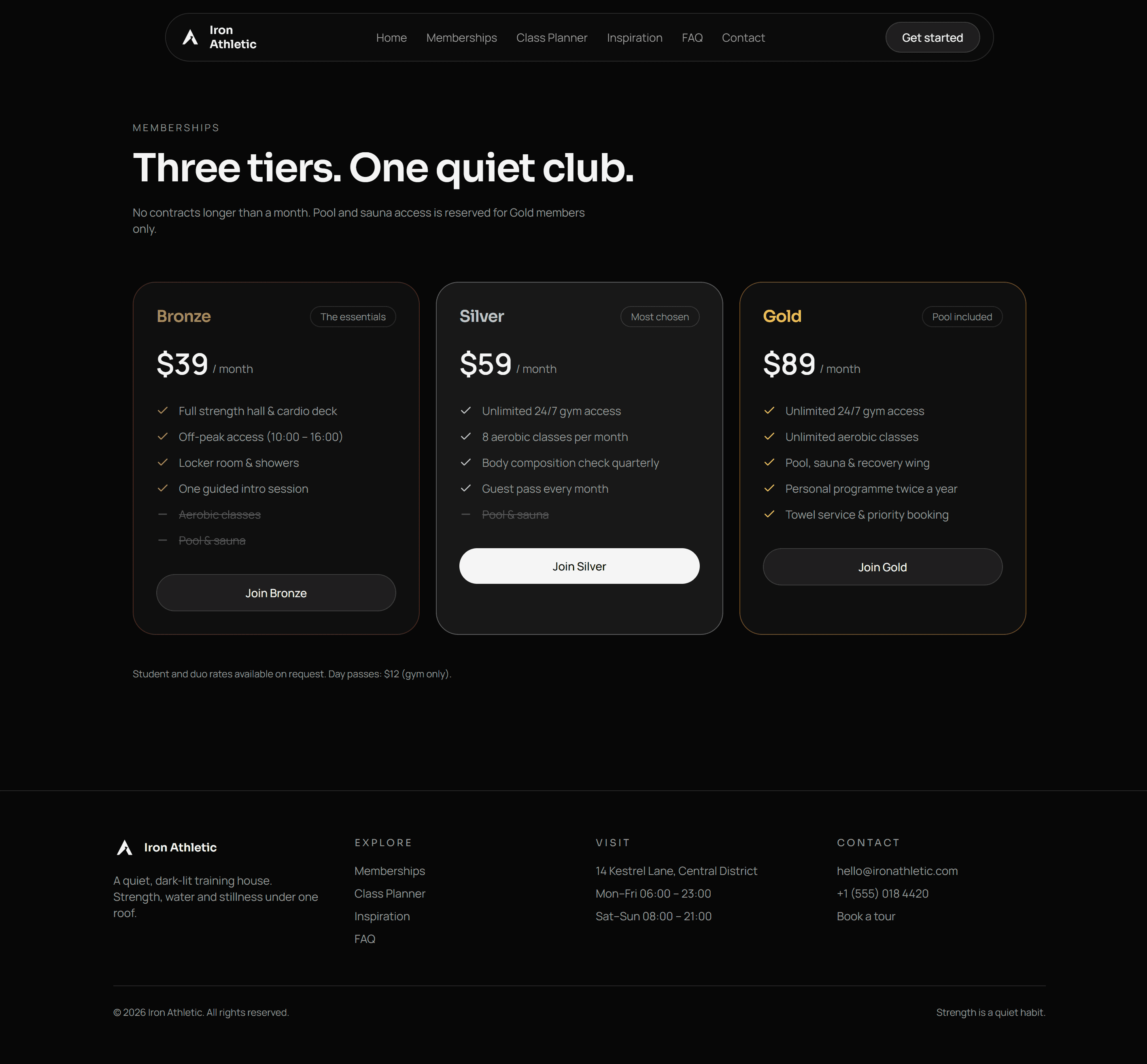 Iron Athletic memberships page desktop mockup